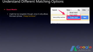 Understand Different Matching Options
 Exact Match:
• might be too targeted, though, since it only allows
the exact phrase, “cheap furniture.”
 