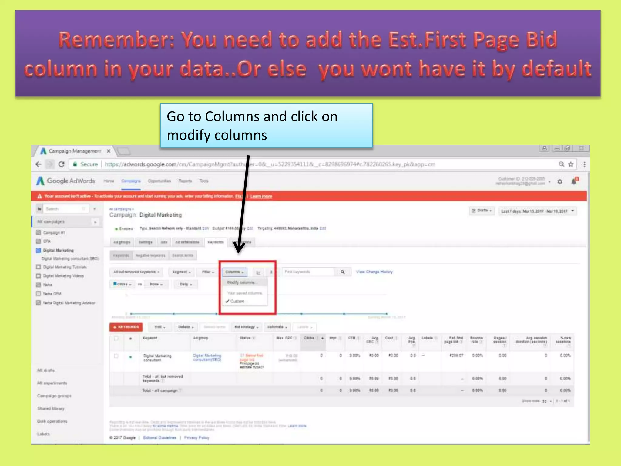 Go to Columns and click on
modify columns
 