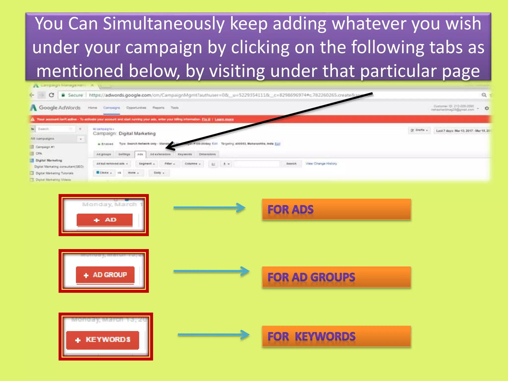 You Can Simultaneously keep adding whatever you wish
under your campaign by clicking on the following tabs as
mentioned below, by visiting under that particular page
 