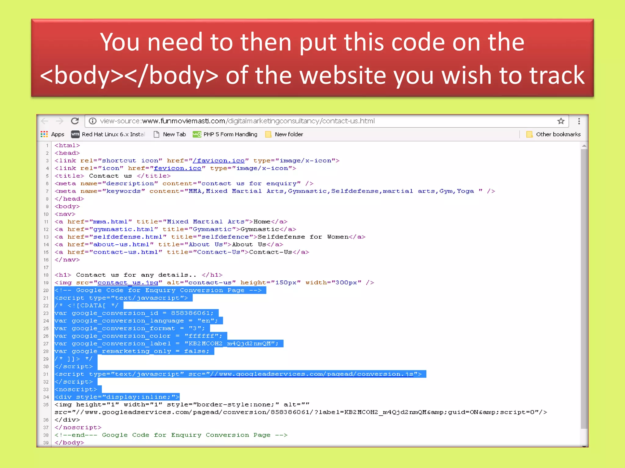 You need to then put this code on the
<body></body> of the website you wish to track
 