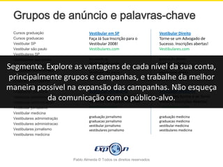 Grupos de anúncio e palavras-chave
  Cursos graduação                      Vestibular em SP                      Vestibular Direito
  Cursos graduacao                      Faça Já Sua Inscrição para o          Torne-se um Advogado de
  Vestibular SP                         Vestibular 2008!                      Sucesso. Inscrições abertas!
  Vestibular são paulo                  Vestibulares.com                      Vestibulares.com
  Vestibulares SP
  Vestibulares sao paulo                faculdade sp                          graduação direito

Segmente. Explore as vantagens de cada nível da sua conta,
  Graduação administração               faculdade são paulo                   graduacao direito
                                        vestibular sp                         vestibular direito
  Graduacao administracao               Vestibular são paulo                  vestibulares direito
principalmente grupos e campanhas, e trabalhe da melhor
  Graduação jornalismo
  Graduacao jornalismo

maneira possível na expansão das campanhas. Não esqueça
  Graduação medicina
  Graduacao medicina   Vestibular Jornalismo         Vestibular Medicina
          da comunicaçãoJornalista deEntende.
                       Seja um
  Vestibular administração
                                 com oSucesso!
                       Aprenda com Quem
  Vestibular administracao
                                             público-alvo.InscriçõeseAbertas!
                                                     Realize Seu Sonho se Torne
                                                     Médico.
  Vestibular jornalismo                 Vestibulares.com                      Vestibulares.com
  Vestibular medicina
  Vestibulares administração            graduação jornalismo                  graduação medicina
                                        graduacao jornalismo                  graduacao medicina
  Vestibulares administracao            vestibular jornalismo                 vestibular medicina
  Vestibulares jornalismo               vestibulares jornalismo               vestibulares medicina
  Vestibulares medicina




                               Pablo Almeida © Todos os direitos reservados
 