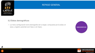 REPASO GENERAL
• La mera configuración de la demografía de tu target, compuesta por la edad, el
sexo y registro parental (con hijos o sin hijos).
5.2 Datos demográficos
DEMOGRÁFICOS
 