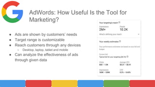 AdWords: How Useful Is the Tool for
Marketing?
● Ads are shown by customers’ needs
● Target range is customizable
● Reach customers through any devices
○ Desktop, laptop, tablet and mobile
● Can analyze the effectiveness of ads
through given data
 