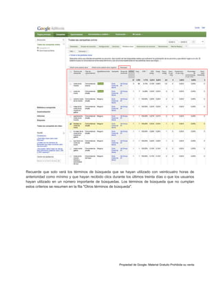 Recuerde que solo verá los términos de búsqueda que se hayan utilizado con veinticuatro horas de
anterioridad como mínimo y que hayan recibido clics durante los últimos treinta días o que los usuarios
hayan utilizado en un número importante de búsquedas. Los términos de búsqueda que no cumplan
estos criterios se resumen en la fila "Otros términos de búsqueda".

Propiedad de Google- Material Gratuito Prohibida su venta

 