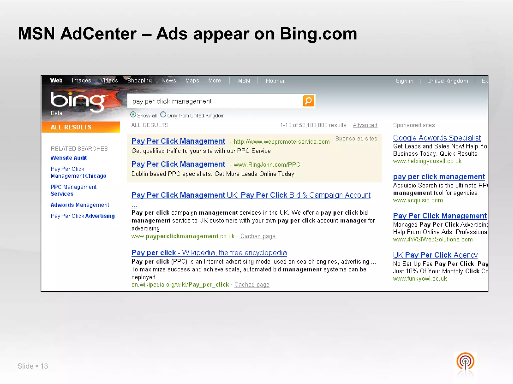 MSN AdCenter – Ads appear on Bing.com




Slide  13
 