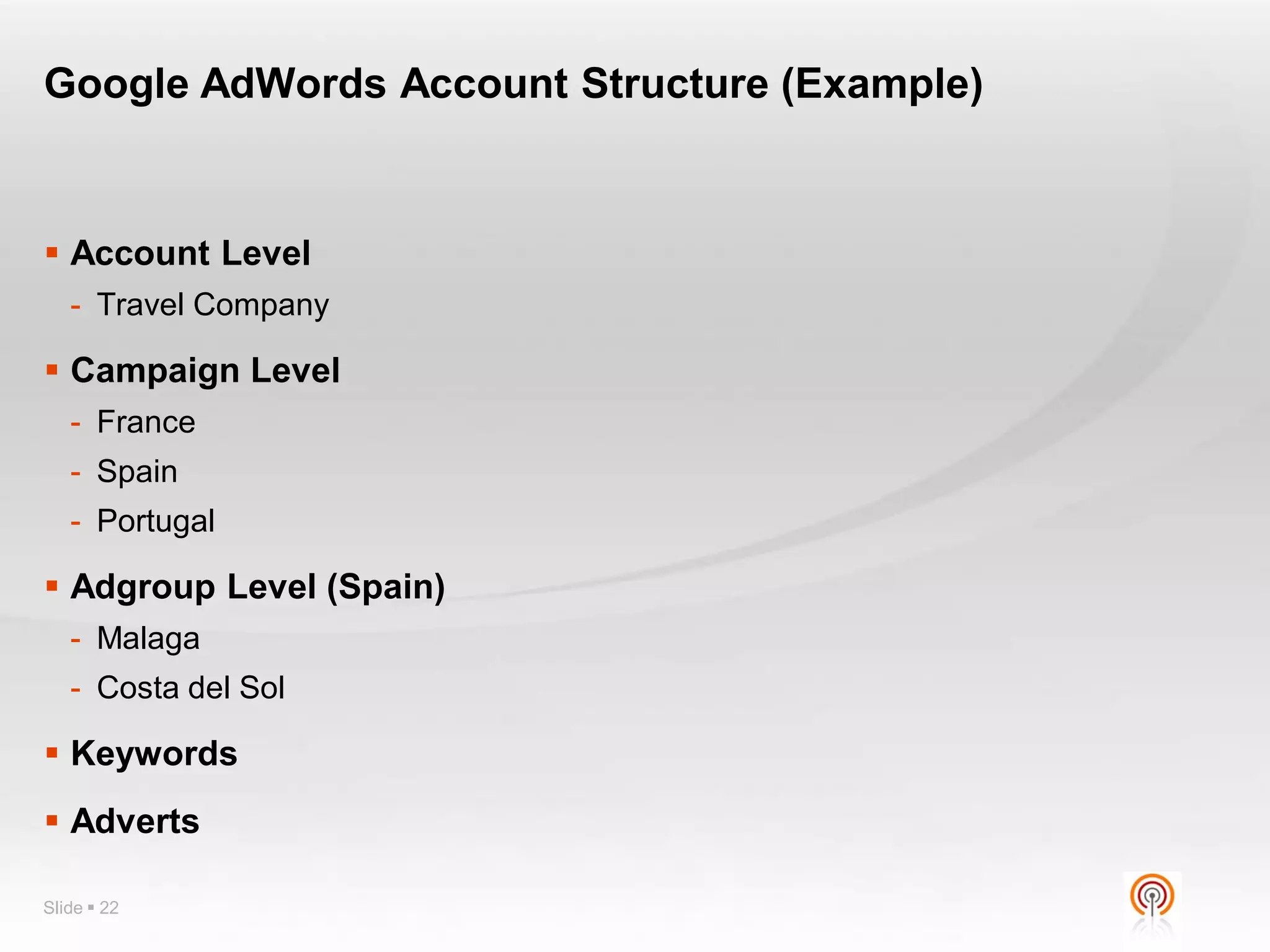 Google AdWords Account Structure (Example)


 Account Level
   - Travel Company

 Campaign Level
   - France
   - Spain
   - Portugal

 Adgroup Level (Spain)
   - Malaga
   - Costa del Sol

 Keywords
 Adverts

Slide  22
 