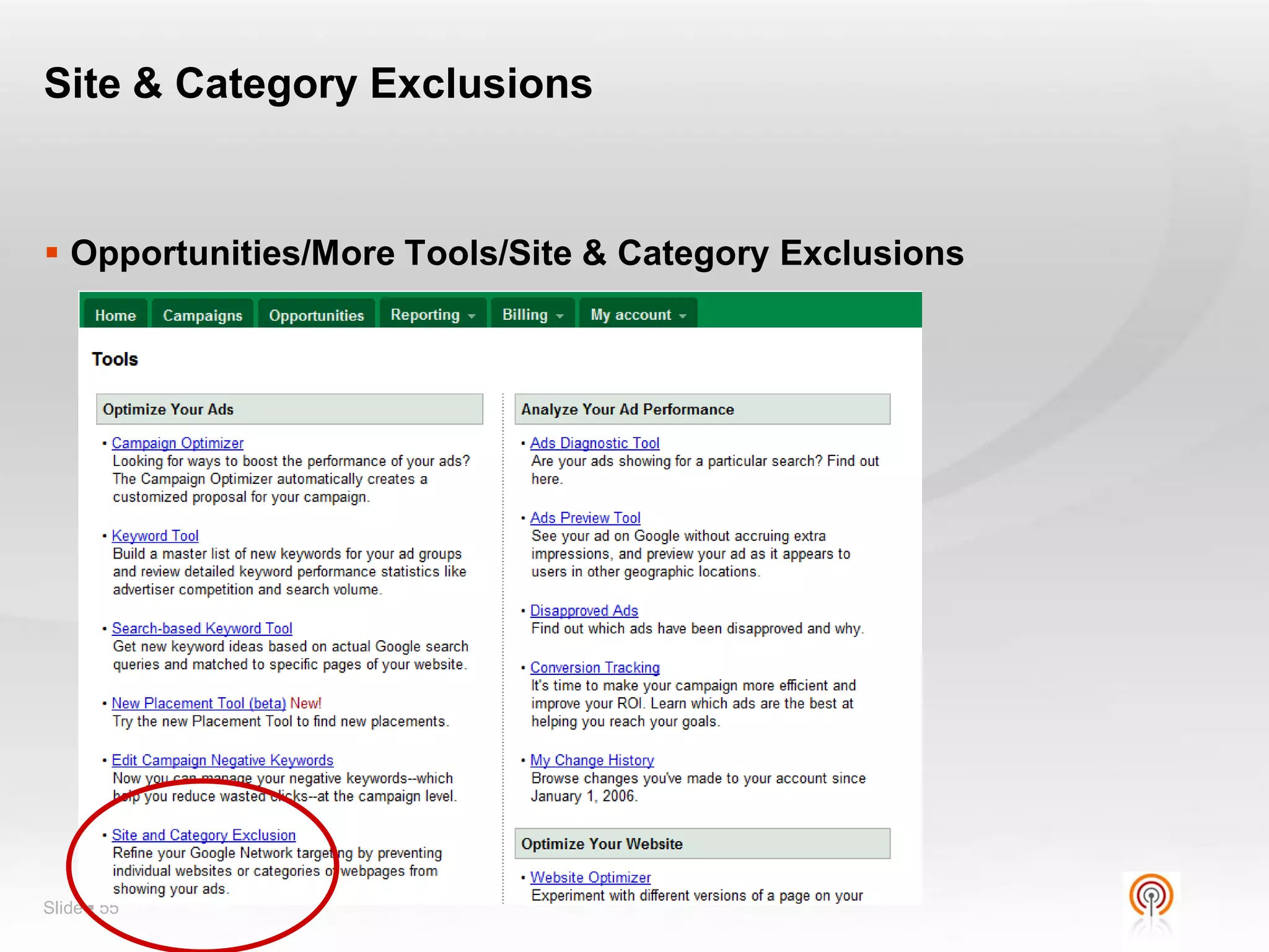 Site & Category Exclusions


 Opportunities/More Tools/Site & Category Exclusions




Slide  55
 