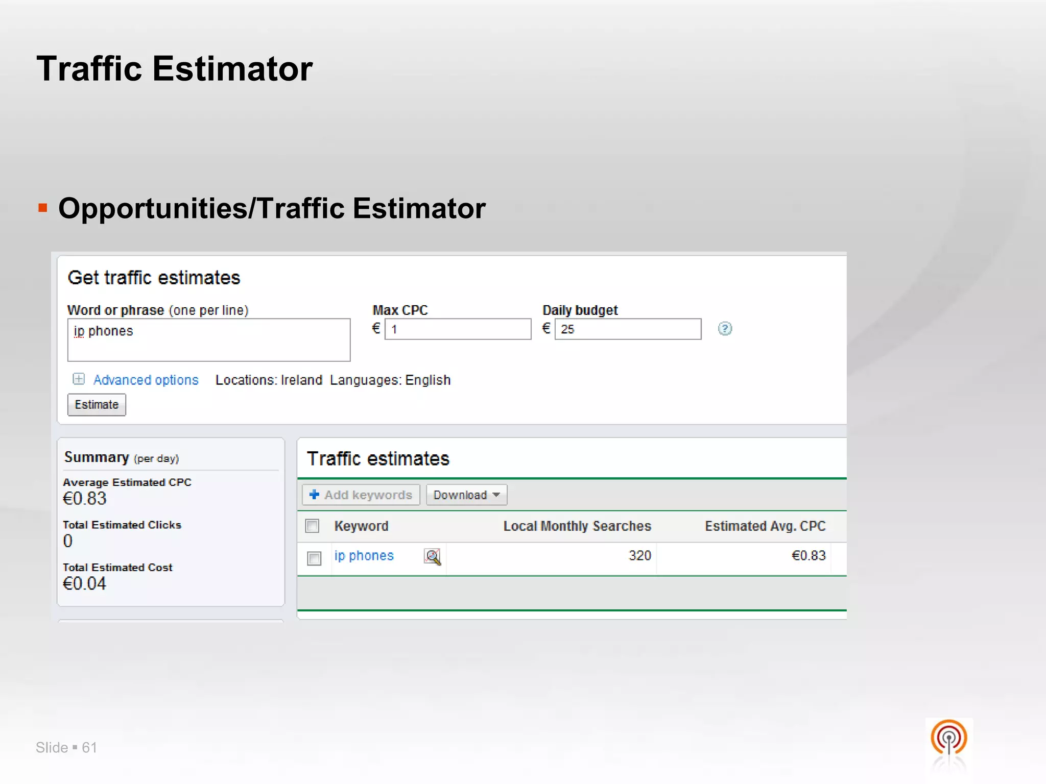 Traffic Estimator


 Opportunities/Traffic Estimator




Slide  61
 