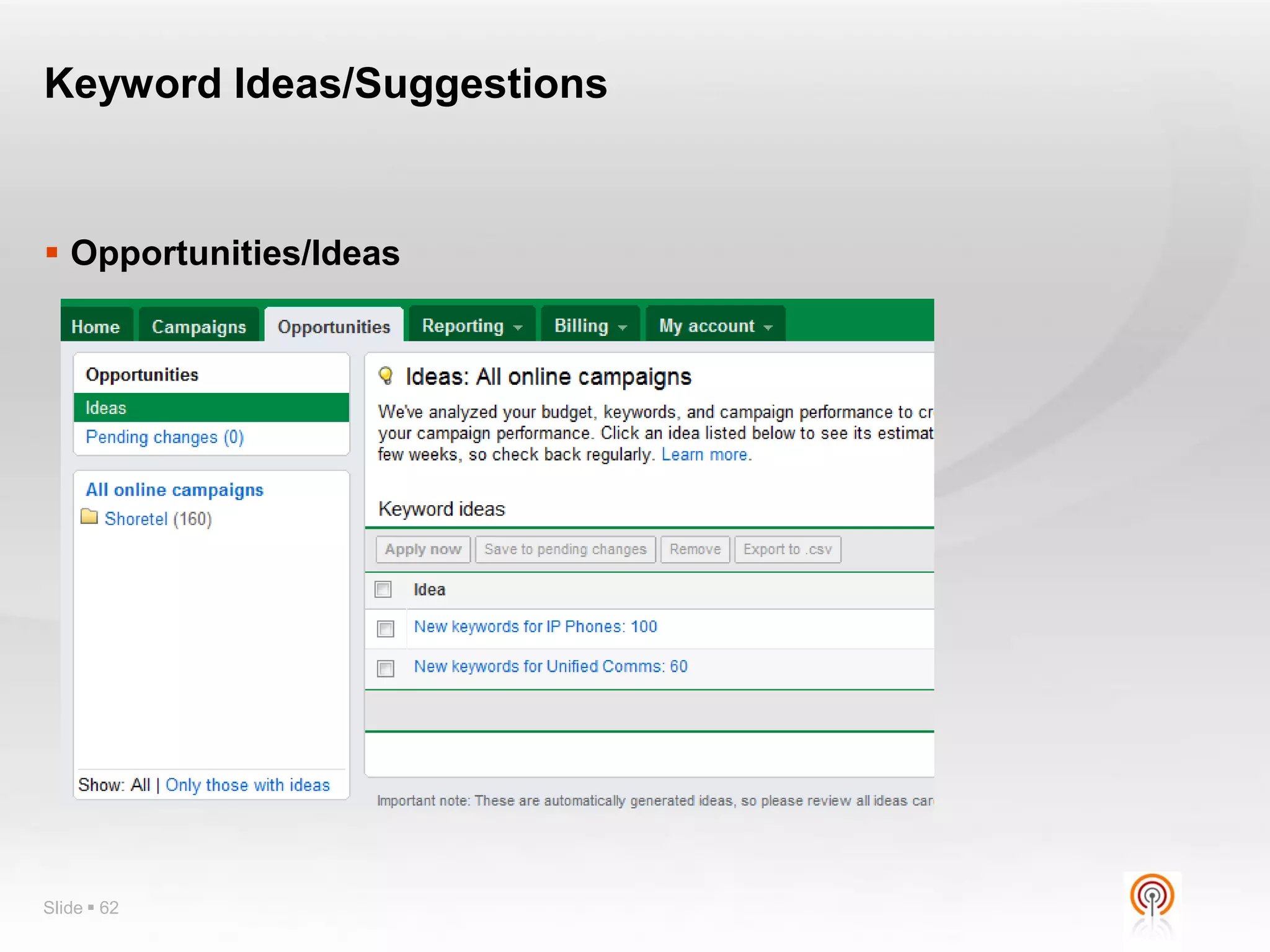 Keyword Ideas/Suggestions


 Opportunities/Ideas




Slide  62
 