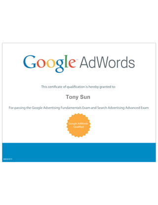 Google Adwords Certification - Tony Sun