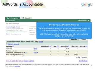 AdWords is Accountable Monitor Your AdWords Performance The AdWords interface lets you monitor the performance of each ad that you are running, as well as your overall performance With AdWords, you always know how your adsand marketing budgetare performing 