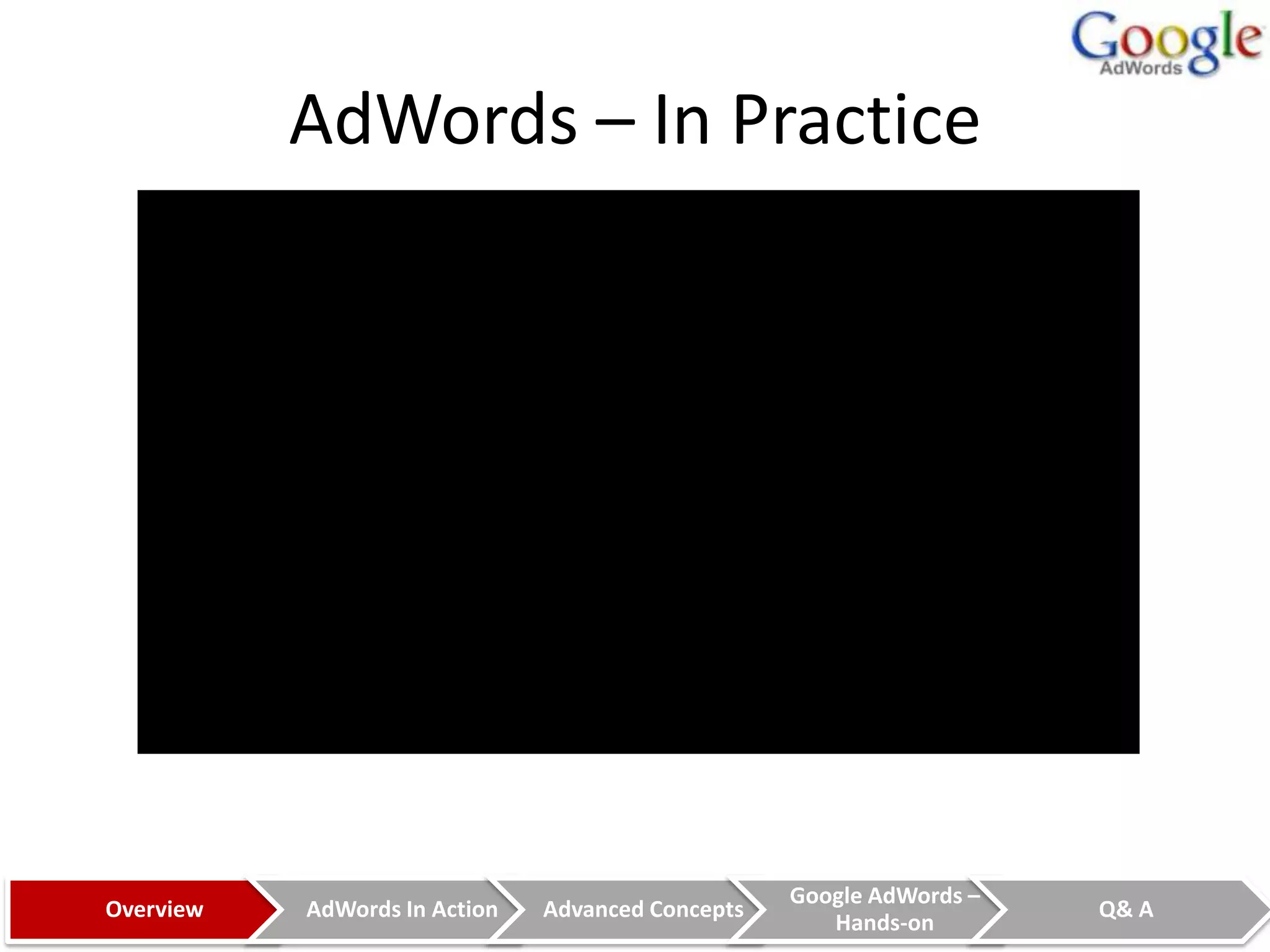 AdWords – In Practice




                                                   Google AdWords –
Overview   AdWords In Action   Advanced Concepts                      Q& A
                                                      Hands-on
 