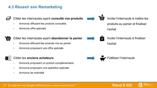 Stand E 05221
4.3 Réussir son Remarketing
Cibler les internautes ayant consulté vos produits
- Annonce diffusant les produits consultés
- Annonce offre spéciale
Cibler les internautes ayant abandonner le panier
- Annonce diffusant les produits mis au panier
- Annonce proposant une offre spéciale
Cibler les anciens acheteurs
- Annonce proposant un produit complémentaire
- Annonce proposant une opération spéciale
- Annonce de notoriété
Inciter l’internaute à mettre les
produits au panier et finaliser
l’achat
Inciter l’internaute à finaliser
l’achat
Fidéliser l’internaute
Qu’attendre de Google AdWords pour votre e-commerce ?
 