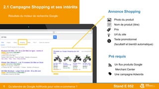 Stand E 0526
2.1 Campagne Shopping et ses intérêts
- Photo du produit
- Nom de produit (titre)
- Prix
- Url du site
- Texte promotionnel
(facultatif et bientôt automatique)
Annonce Shopping
Résultats du moteur de recherche Google :
- Un flux produits Google
Merchant Center
- Une campagne Adwords
Pré requis
Qu’attendre de Google AdWords pour votre e-commerce ?
 