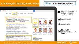 Stand E 0527
- Etre visible : SERP et
Google Shopping
- Avoir un visuel
- Meilleur ROI
- Etre visible
plusieurs fois sur la
SERP
2.1 Campagnes Shopping et ses intérêts +30,4% de ventes en moyenne !
Qu’attendre de Google AdWords pour votre e-commerce ?
 
