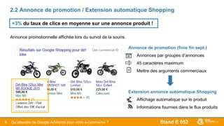 Stand E 0528
2.2 Annonce de promotion / Extension automatique Shopping
Annonce promotionnelle affichée lors du survol de la souris.
Annonce de promotion (finie fin sept.)
- Annonces par groupes d’annonces
- 45 caractères maximum
- Mettre des arguments commerciaux
Extension annonce automatique Shopping
- Affichage automatique sur le produit
- Informations fournies dans le flux produits
+3% du taux de clics en moyenne sur une annonce produit !
Qu’attendre de Google AdWords pour votre e-commerce ?
 