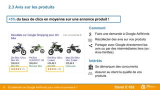 Stand E 0529
2.3 Avis sur les produits
+5% du taux de clics en moyenne sur une annonce produit !
Comment
- Faire une demande à Google AdWords
- Récollecter des avis sur vos produits
- Partager avec Google directement les
avis ou par des intermédiaires tiers (ex :
Avis-Vérifiés)
Intérêts
- Se démarquer des concurrents
- Assurer au client la qualité de vos
produits
Qu’attendre de Google AdWords pour votre e-commerce ?
 
