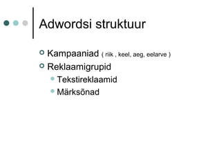 Adwordsi struktuur
 Kampaaniad ( riik , keel, aeg, eelarve )
 Reklaamigrupid
Tekstireklaamid
Märksõnad
 