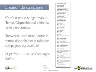 Création de campagne
Ce n’est pas le budget mais le
Temps Disponible qui déﬁnit la
taille d’un compte 	

Trouver le juste milieu entre le
temps disponible et la taille des
campagnes est essentiel	

Et parfois … 1 seule Campagne
Sufﬁt !
 