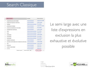 Search Classique
Le semi large avec une
liste d’expressions en
exclusion la plus
exhaustive et évolutive
possible
 