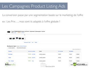 Les Campagnes Product Listing Ads
La conversion passe par une segmentation basée sur le marketing de l’offre	

ex : Les Prix….. mais sont ils adaptés à l’offre globale ?
 