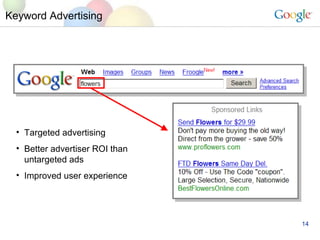 Keyword Advertising Targeted advertising Better advertiser ROI than untargeted ads Improved user experience 