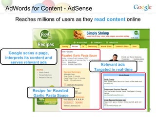 AdWords for Content - AdSense Reaches millions of users as they  read content   online Google scans a page, interprets its content and serves relevant ads Recipe for Roasted  Garlic Pasta Sauce Relevant ads  Targeted in real-time 