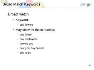 Broad Match Keywords Broad match Keyword:  buy flowers May show for these queries: buy flower buy red flowers flowers buy new york buy flowers buy tulips 
