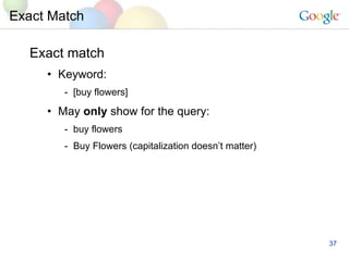 Exact Match Exact match Keyword:  [buy flowers] May  only  show for the query: buy flowers Buy Flowers (capitalization doesn’t matter) 