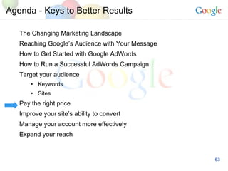 Agenda - Keys to Better Results The Changing Marketing Landscape Reaching Google’s Audience with Your Message How to Get Started with Google AdWords How to Run a Successful AdWords Campaign  Target your audience Keywords Sites Pay the right price Improve your site’s ability to convert Manage your account more effectively Expand your reach 