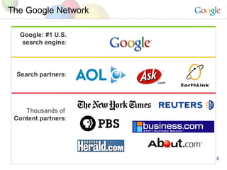 The Google Network Google: #1 U.S. search engine : Search partners : Thousands of   Content partners : 