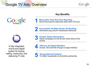 Google TV Ads: Overview A fully integrated, end-to-end digital system for buying, selling, measuring, and delivering TV ads Key Benefits TV Ads Measurable: Near Real Time Reporting Second-by-second viewership data within 24 hours 1 Accountable: No Make Goods, No Bundling Advertisers pay only for impressions delivered 2 Flexible: Better Optimization Adjust campaigns on the fly with a few clicks of the mouse 3 Efficient: All-Digital Workflow   Access 100 channels through a single interface 4 Strong National Footprint 13 million households via EchoStar partnership 5 