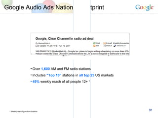 Google Audio Ads National Footprint 1 Weekly reach figure from Arbitron Over   1,600   AM and FM radio stations Includes  “Top 10”   stations in   all top 25   US markets 49%  weekly reach of all people 12+  1  