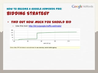 How to Become a Google AdWords Pro:
Bidding Strategy
• Find Out How Much You Should Bid
   – Use this tool: http://bit.ly/google-traffic-estimator
 