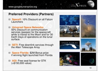www.googlelunarxprize.org


Preferred Providers (Partners)
  SpaceX: 10% Discount on all Falcon
  Launchers

   Universal ...