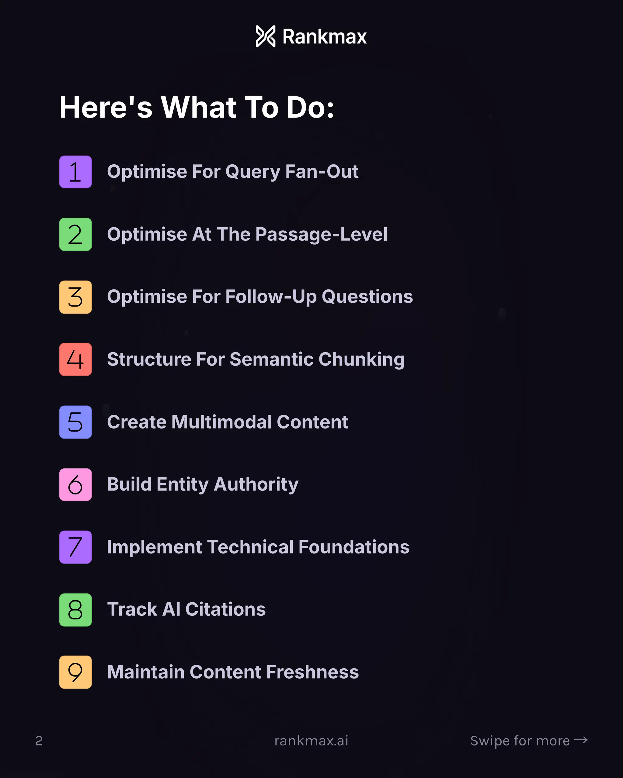 Here's What To Do:
Optimise For Query Fan-Out
Optimise At The Passage-Level
Optimise For Follow-Up Questions
Structure For Semantic Chunking
Create Multimodal Content
Build Entity Authority
Implement Technical Foundations
Track AI Citations
Maintain Content Freshness
2 rankmax.ai Swipe for more ³
 