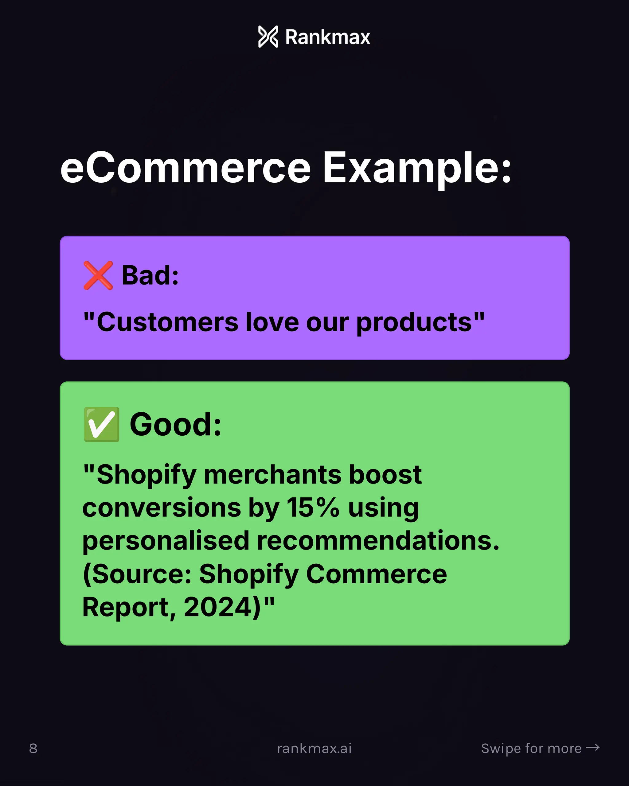eCommerce Example:
o Bad:
Customers love our products
' Good:
Shopify merchants boost
conversions by 15% using
personalised recommendations.
(Source: Shopify Commerce
Report, 2024)
8 rankmax.ai Swipe for more ³
 
