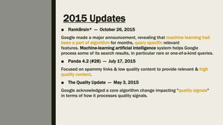 2015 Updates
■ RankBrain* — October 26, 2015
Google made a major announcement, revealing that machine learning had
been a part of algorithm for months, query specific relevant
features. Machine-learning artificial intelligence system helps Google
process some of its search results, in particular rare or one-of-a-kind queries.
■ Panda 4.2 (#28) — July 17, 2015
Focused on spammy links & low quality content to provide relevant & high
quality content.
■ The Quality Update — May 3, 2015
Google acknowledged a core algorithm change impacting "quality signals"
in terms of how it processes quality signals.
 