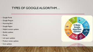 TYPES OF GOOGLE ALGORITHM…
• Google Panda
• Google Penguin
• Humming Bird
• Google Pegion
• Helpful content updates
• Quality updates
• Florida
• Link spam updates
• Product review updates
• Core updates
 