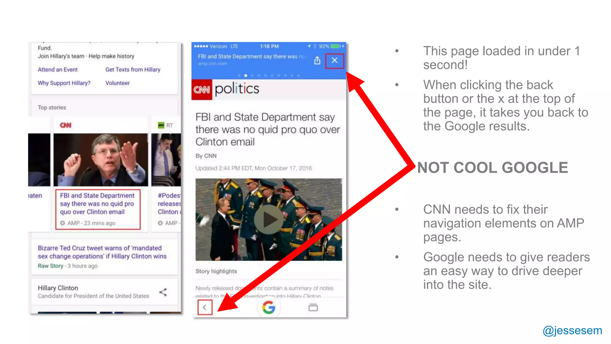 @jessesem
• This page loaded in under 1
second!
• When clicking the back
button or the x at the top of
the page, it takes you back to
the Google results.
NOT COOL GOOGLE
• CNN needs to fix their
navigation elements on AMP
pages.
• Google needs to give readers
an easy way to drive deeper
into the site.
 