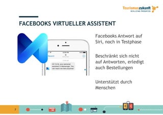 FACEBOOKS VIRTUELLER ASSISTENT
Facebooks Antwort auf
Siri, noch in TestphaseS , oc estp ase
Beschränkt sich nichtBeschränkt sich nicht
auf Antworten, erledigt
auch Bestellungen
Unterstützt durch
Menschen
7
 