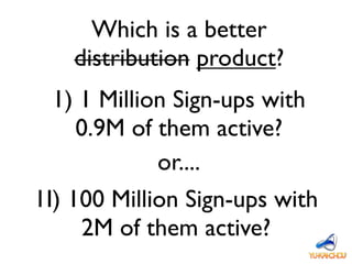 Which is a better
distribution product?
1) 1 Million Sign-ups with
0.9M of them active?
or....
1I) 100 Million Sign-ups wi...