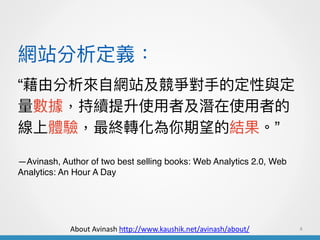 Wվx
4
ɷ?ԾWվ?ֵĶc
mʹ?߼ʹ?ߵ
w򞣬KDĽY
Avinash, Author of two best selling books: Web Analytics 2.0, Web
Analytics: An Hour A Day
About	Avinash	http://www.kaushik.net/avinash/about/
 