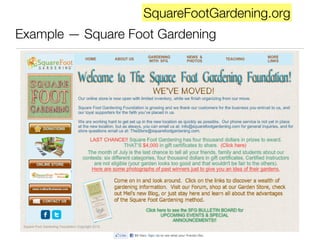 SquareFootGardening.org
Example — Square Foot Gardening
 
