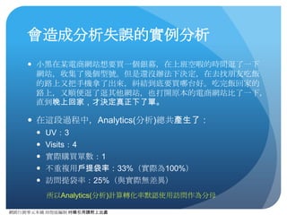 網路⾏行銷零元本鋪 邱煜庭編制 轉錄引⽤用請附上出處
在Analytics中你會看到的數據
在Google Analytics
中，在正確的設定
過後你就可以看到
各⾏行銷活動的來源。
以此就可以檢討⾏行
銷活動的好壞。
 