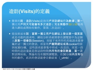 網路⾏行銷零元本鋪 邱煜庭編制 轉錄引⽤用請附上出處
平均⼯工作階段時間⻑⾧長度 (Avg. Sessions
Duration)的定義
● 簡單的來說：在指定⼀一時間段，單⼀一次⼯工作階段中，使⽤用
者在網站上停留的平均時間即為平均⼯工作階段時間⻑⾧長度。
● 從技術⾯面來說：
關閉⾴頁⾯面
00:00 00:04 00:05
著陸⾴頁 ⾴頁⾯面2 ⾴頁⾯面3
⾴頁⾯面4 ⾴頁⾯面5
00:02
開新⾴頁簽
00:08 00:10
關閉⾴頁⾯面
網站總造訪時間：00:08
 