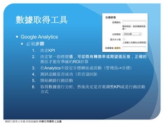 網路⾏行銷零元本鋪 邱煜庭編制 轉錄引⽤用請附上出處
思考的重點⽅方向
● 你有幾個網域？幾個網址？
● 以台灣雅⻁虎為例，http://tw.yahoo.com 這⼀一整串稱之為
網址 (URL) ，yahoo.com 是企業的網域 (Domain) ，⽽而
tw.yahoo.com 是台灣雅⻁虎服務的次網域 (Sub-
Domain)。
● 每個網域所提供的地區及服務是否相關？
● 地區導向： yahoo.com 可能有各國網站，但各國網站服
務內容之間並沒有直接關係。
● 服務導向： 某 app 提供電話簿跟查電話功能，使⽤用了不
同的次網域，但是還是在同⼀一個⼤大服務底下。
5
 