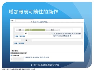 網路⾏行銷零元本鋪 邱煜庭編制 轉錄引⽤用請附上出處
增加報表可讀性的操作
1. 設定⾃自訂區隔名稱
2. 指定要做出區隔的維度或特定指標 
同時可設定交集或聯集
3. 選擇要全⾯面套⽤用或指定設定檔
4. 按下儲存區隔即設定完成
 