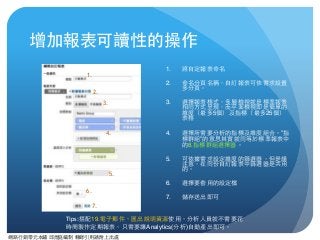 網路⾏行銷零元本鋪 邱煜庭編制 轉錄引⽤用請附上出處
增加報表可讀性的操作
1. 將⾃自定報表命名
2. 命名分⾴頁名稱，⾃自訂報表可依需求設置
多分⾴頁。
3. 選擇報表格式，多層檢視就是標準報表
相同⽅方式呈現，⽽而平⾯面檢視即是簡單的
維度（最多5個）及指標（最多25個）
表格
4. 選擇所需要分析的指標及維度組合。”指
標群組”的意思其實就同等於標準報表中
的8.指標群組選擇器。
5. 可依據需求設定維度的篩選器，但是請
注意，在同份⾃自訂報表中篩選器是共⽤用
的。
6. 選擇要套⽤用的設定檔
7. 儲存送出即可
1.
2.
3.
4.
5.
6.
7.
Tips:搭配19.電⼦子郵件、匯出說明資源使⽤用，分析⼈人員就不需要花
時間製作定期報表，只需要讓Analytics(分析)⾃自動產出即可。
 
