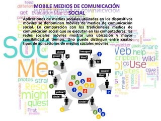 Aplicaciones de medios sociales utilizadas en los dispositivos
móviles se denominan móviles de medios de comunicación
social. En comparación con los tradicionales medios de
comunicación social que se ejecutan en las computadoras, las
redes sociales móviles mostrar una ubicación y mayor
sensibilidad al tiempo. Uno puede distinguir entre cuatro
tipos de aplicaciones de medios sociales móviles
 
